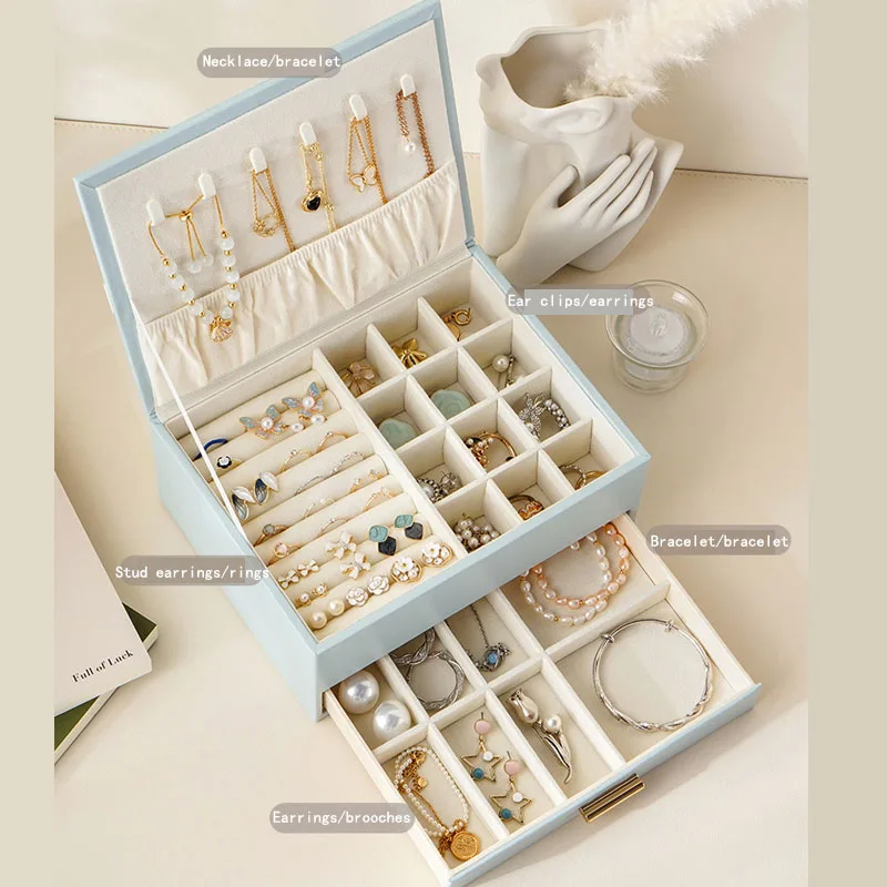 Bow Jewelry Box for Women Wife Large Leather Jewelry Organizer Storage Case with Two Layers Display for Earrings Bracelets Rings