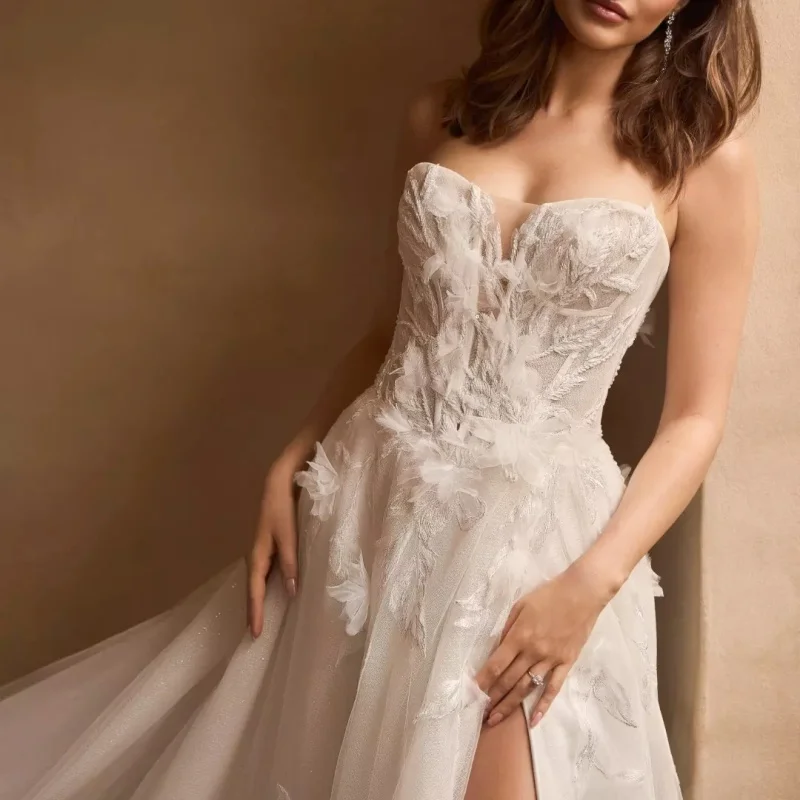 

Shiny White Appliques Wedding Dresses glitter 3D flower decal off-shoulder Vent Gowns Made wedding dress Bridal Gown