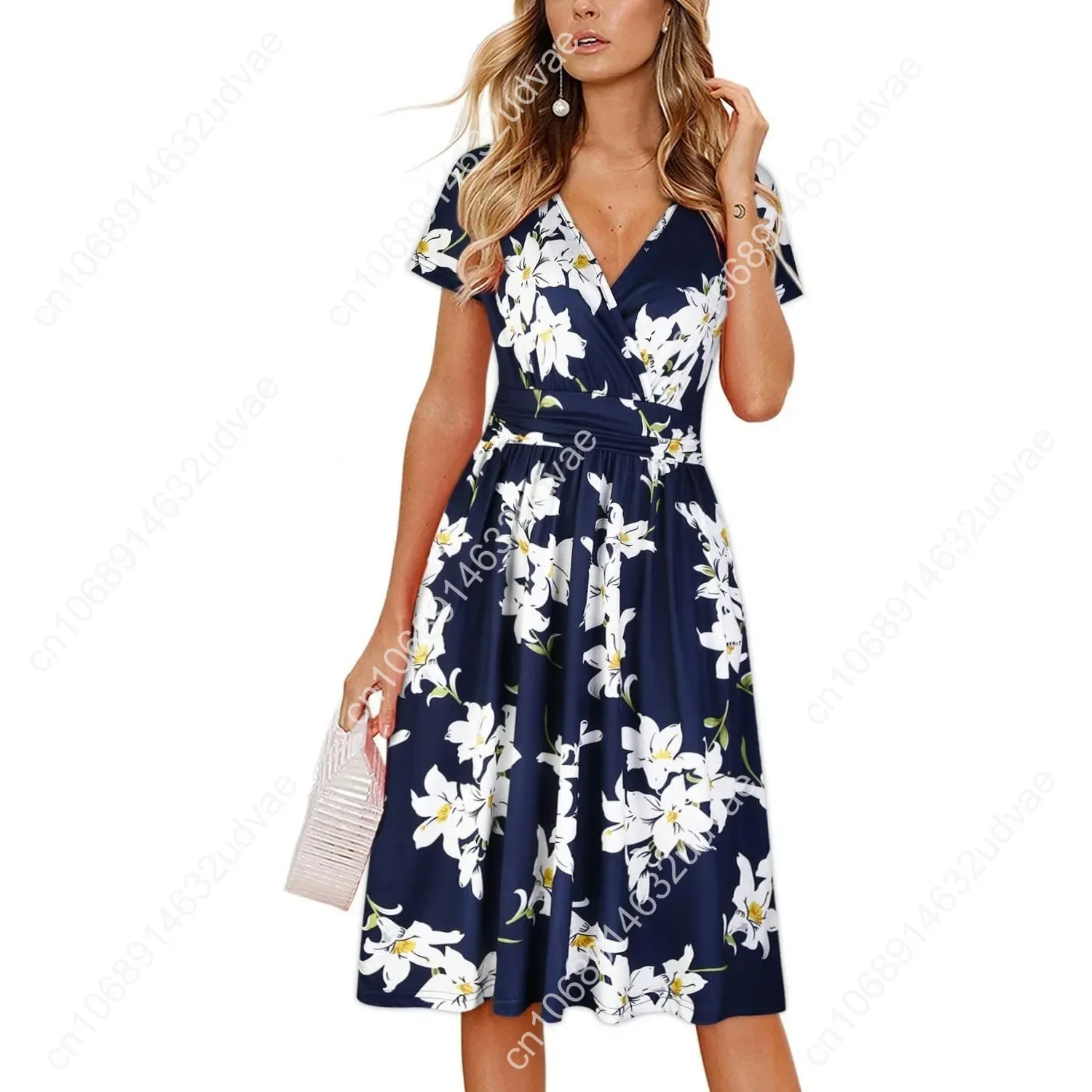 

Women's Summer Short Sleeve V-Neck Floral Short Party Dress with Pockets