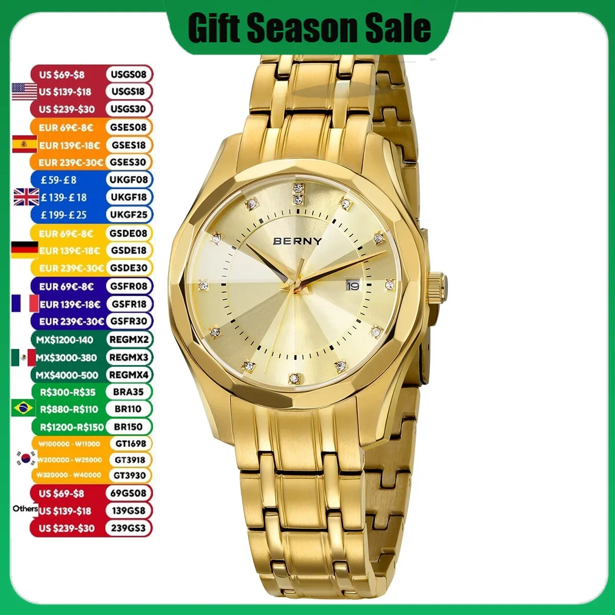 

BERNY Watch for Women Wristwatch Waterproof Golden Clock Quartz Stainless Steel Fashion Men Ladies Watch