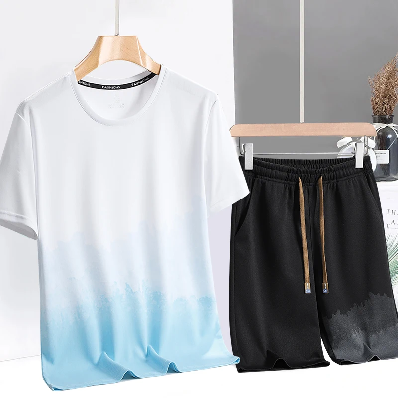 

Мужской летний спортивный костюм: свободный крой, легкий, быстросохнущий, для бега, молодежный комплект из двух предметов, дышащий, повседневный