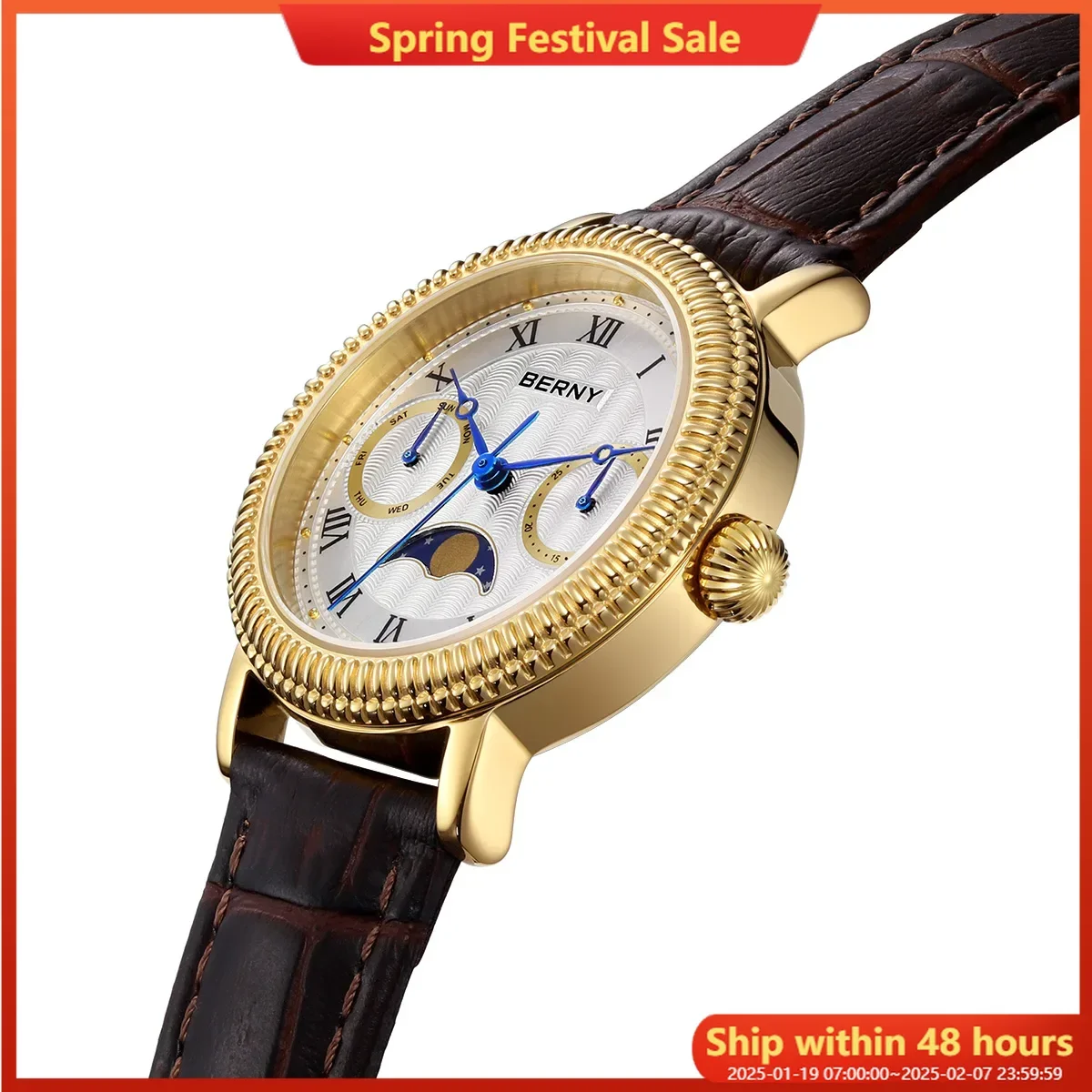 BERNY Watches for Women Week Calendar Sapphire Luxury Dress Ladies Gold Quartz Watch Elegant Vintage Moon Phase Wristwatch Gifts