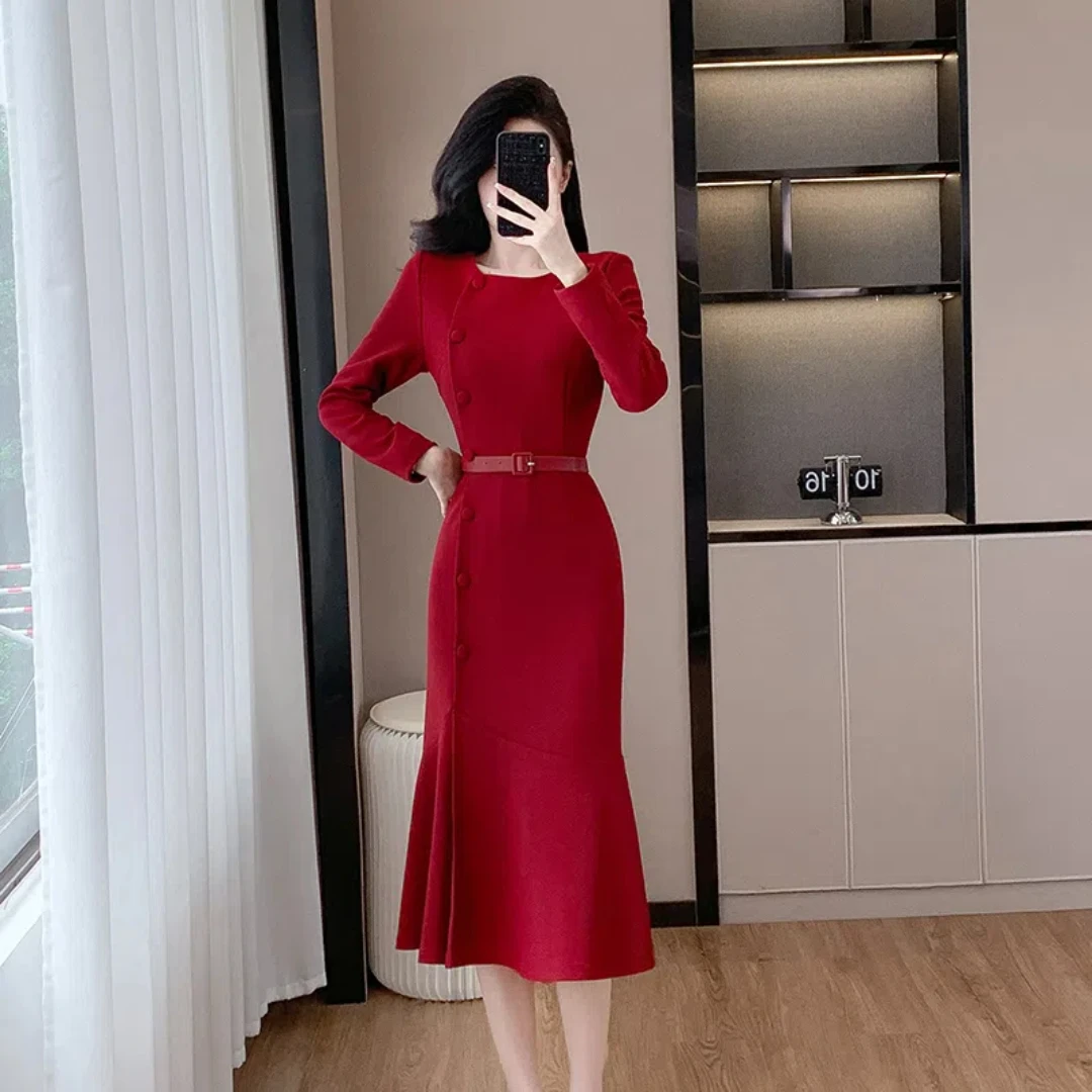 

2024 New Early Fall Red Dress High-end Lightweight Luxury Fishtail Women's Dress Temperament Waist Long Skirt