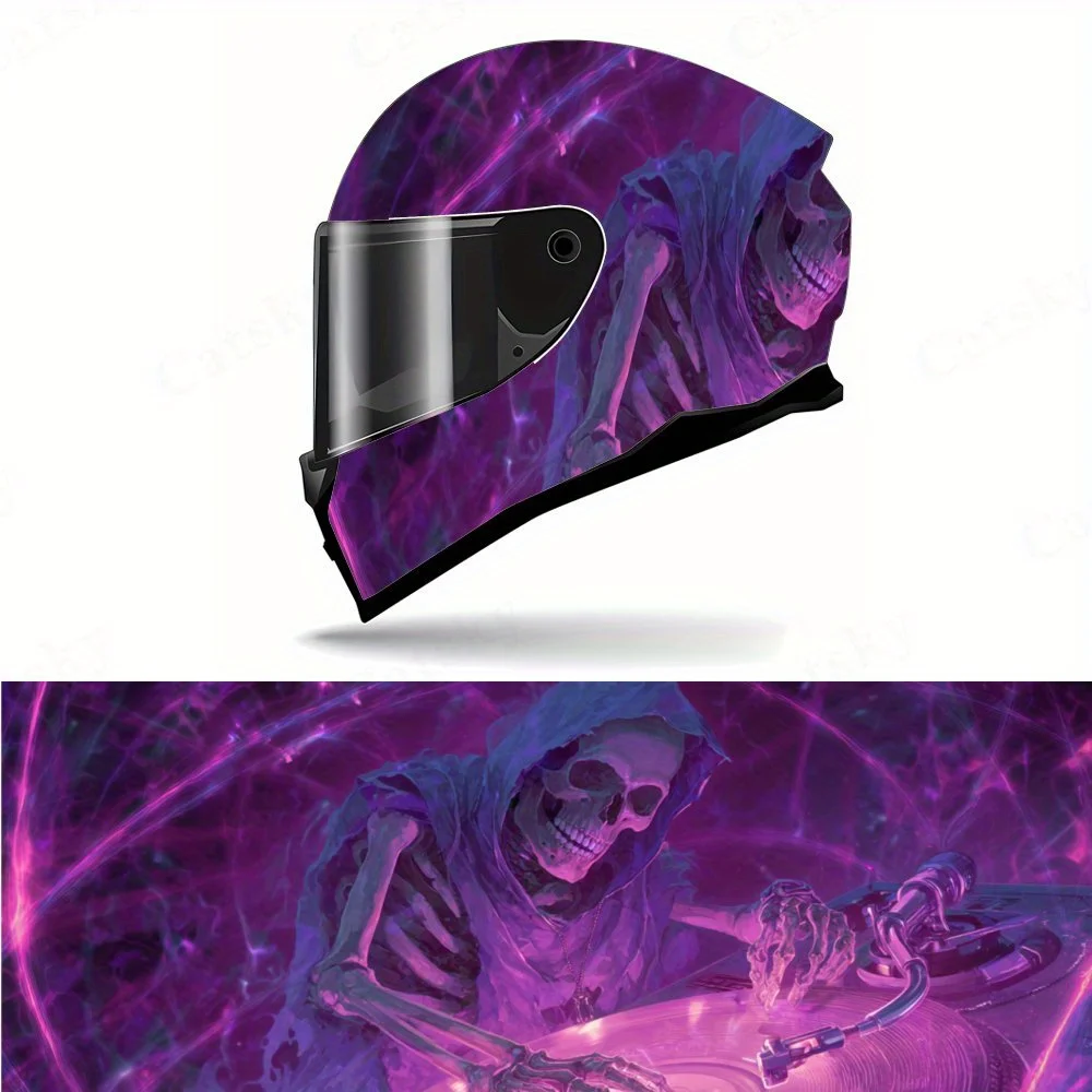 

EDM Style Hood Sticker Purple Grim Reaper DJ Pattern PVC Motorcycle Helmet Vinyl Wrap, Self-Adhesive Waterproof Sticker, Anti-Sc