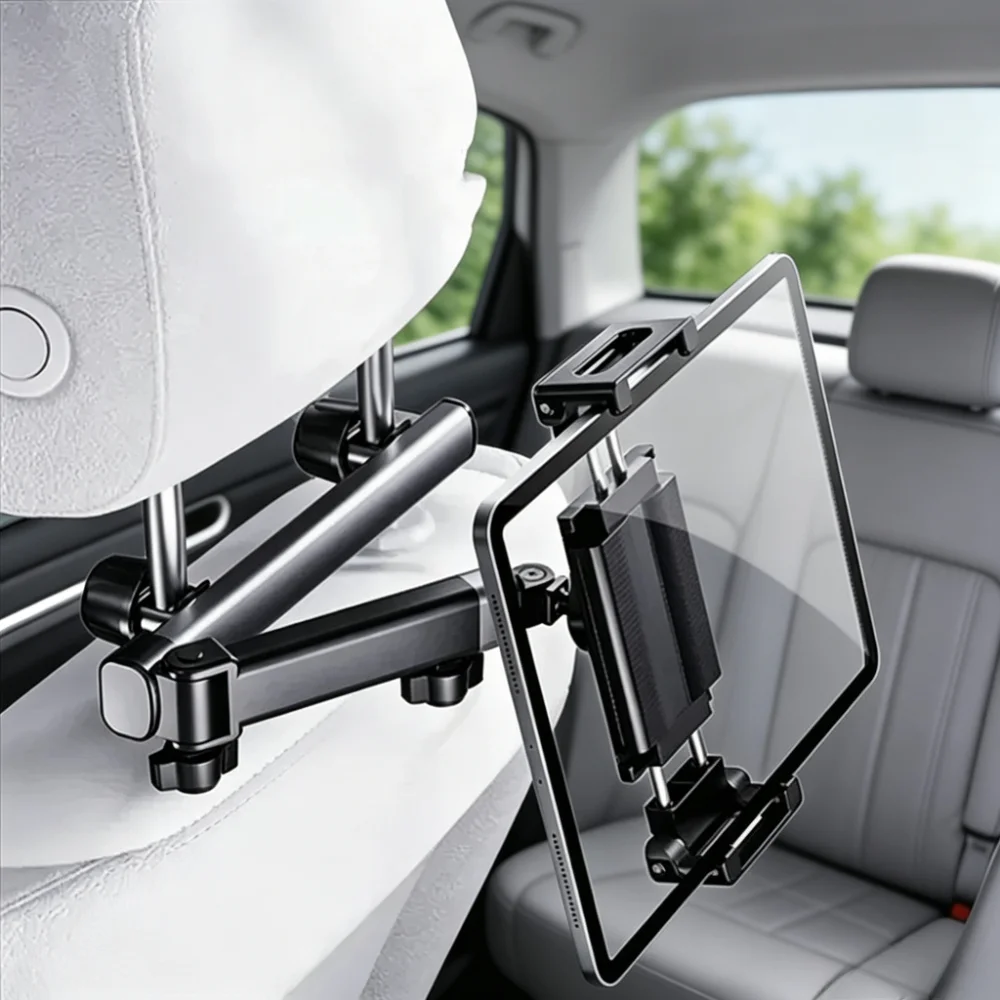 Telescopic Folding Car Headrest Tablet Holder, 360 Rotation Back Seat Phone Tablet Stand for iPad Air Galaxy Tab Redmi Tab Mount