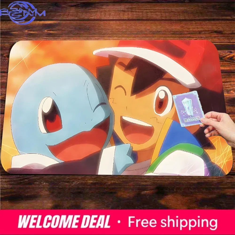 Ash & Squirtle Happy Moment Card Playmat Desk Mat Non-Slip Washable Anime Pokémon Mousepad Large Rubber Base for PC Laptop Offic
