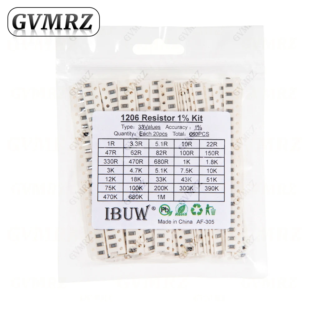 0201 0402 0603 0805 1206 1% 5% SMD-Widerstand Sortiment-Set 1R-1M 10K 100K 1K 100R Widerstandssatz DIY 1R00 0R82 0R47 0R33