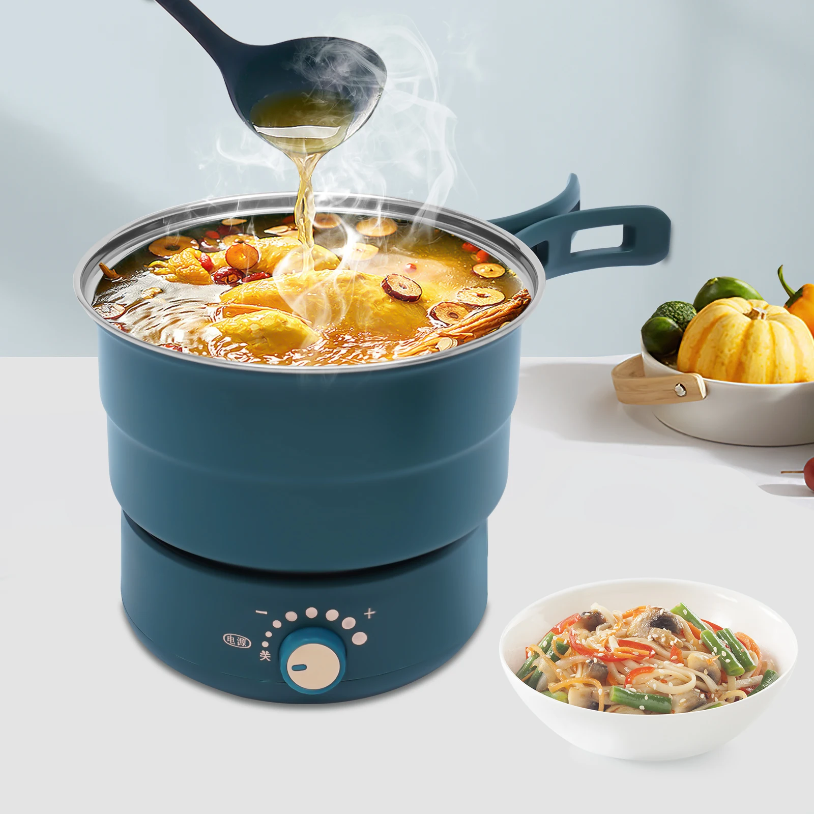 

110V Travel Rice Cooker Portable Split Frying Pan Stainless Steel Electric Stew Soup Pot Boiler Cooking Foldable Hotpot Steamer