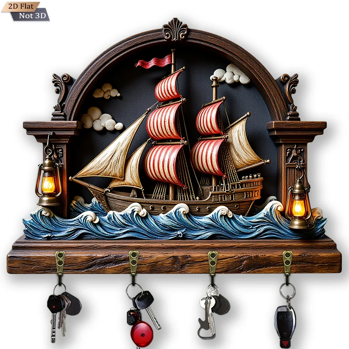 2D Flat, 1pc, Wooden Multifunctional Home Key Hook Rack with Nautical Sailboat Themed Style, with Four Metal Hooks, Wall