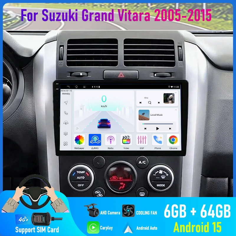 9'' For Suzuki Grand Vitara 2005-2015 Car Radio 4G SIM Google Map Android 15 Auto GPS Reversing Image Stereo Bluetooth Carplay