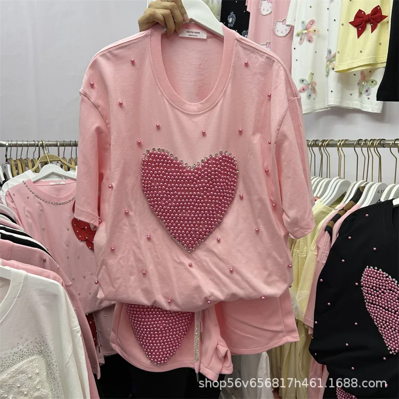 Fashion Women Two-piece Set Luxury Love Beading Loose Short Sleeve T-shirt Top + Drawstring Elastic Waist Wide Leg Shorts Suits