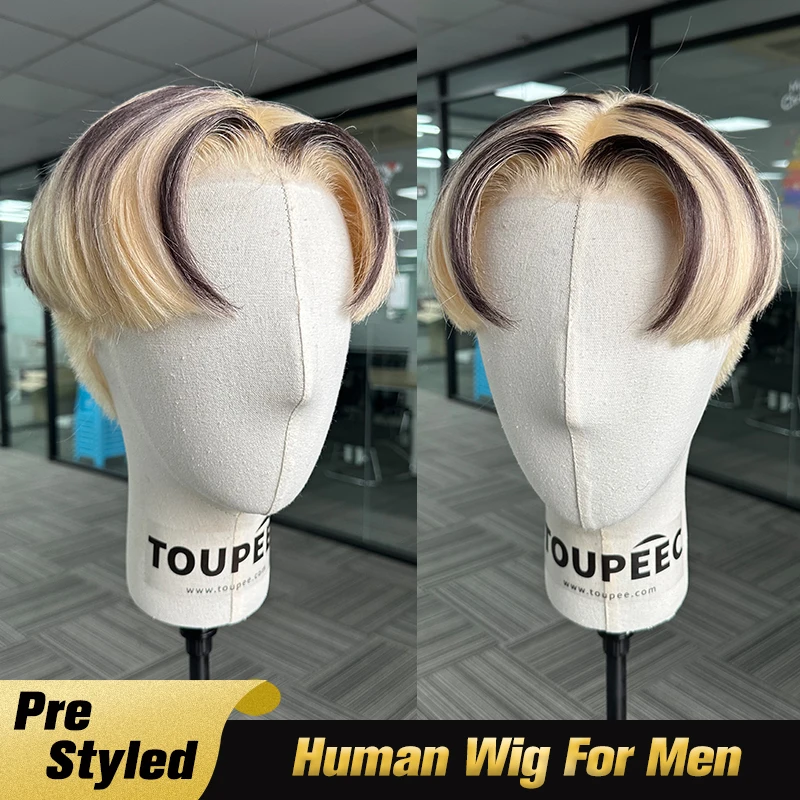 Pre Style Full Lace Wigs Men's Hairpieces Transparent Full Lace Human Hair Wig PreCut Hair System Wig For Men Toupee Replacement