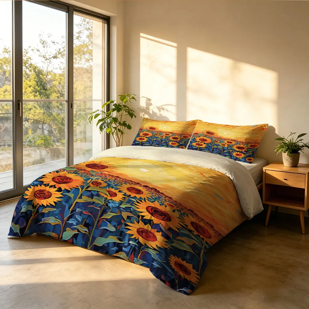 3pcs Oil Painting Style Beautiful Sunflowers Print Down Duvet Cover Set, Multi Size Bedroom Bedding Decoration, Machine Washable