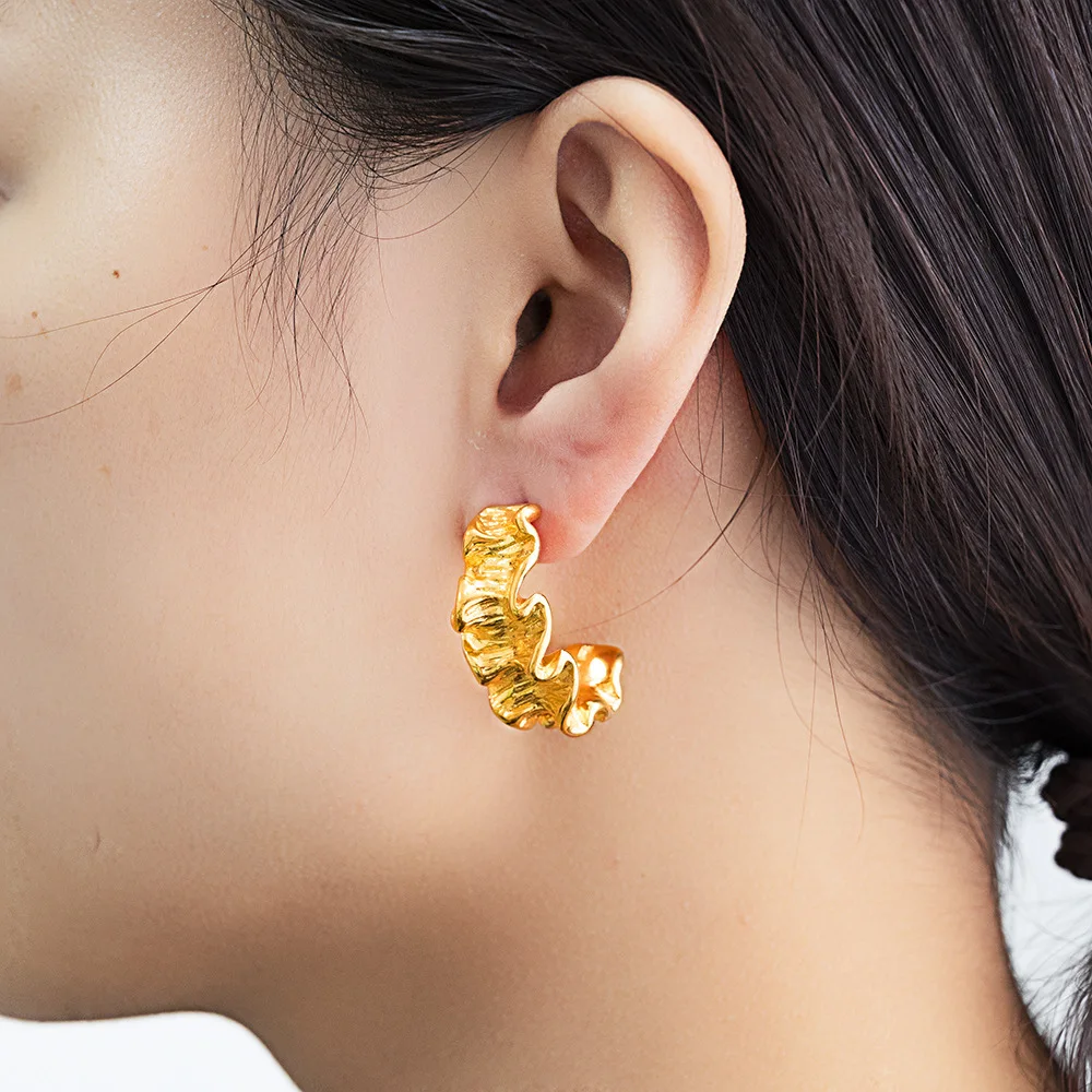 Titanium Steel Geometric Pleated Irregular Earrings, Non-fading 18K Gold Stainless Steel Women's Ins Style Trendy
