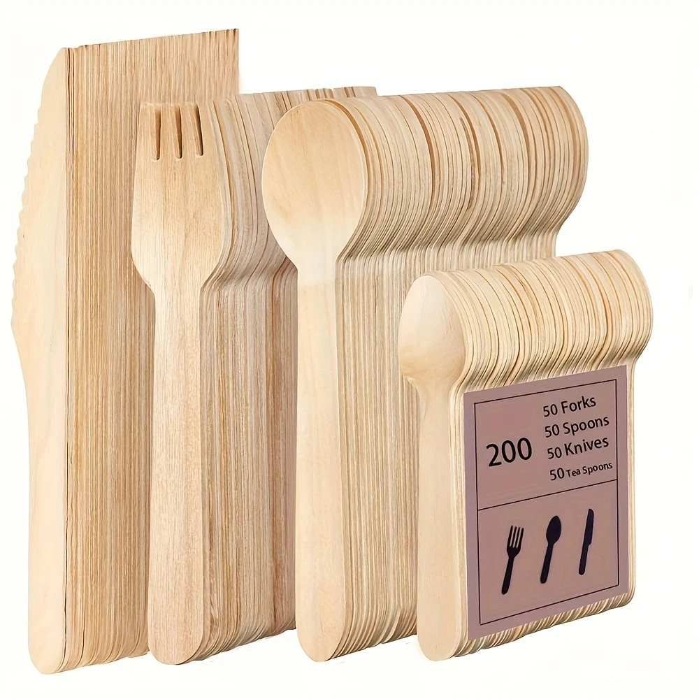 200 Pcs Party Disposable Wooden Tableware Set -(50 Forks, $50, 50 Spoons, 50 Teaspoons), Bamboo Garden Utensil