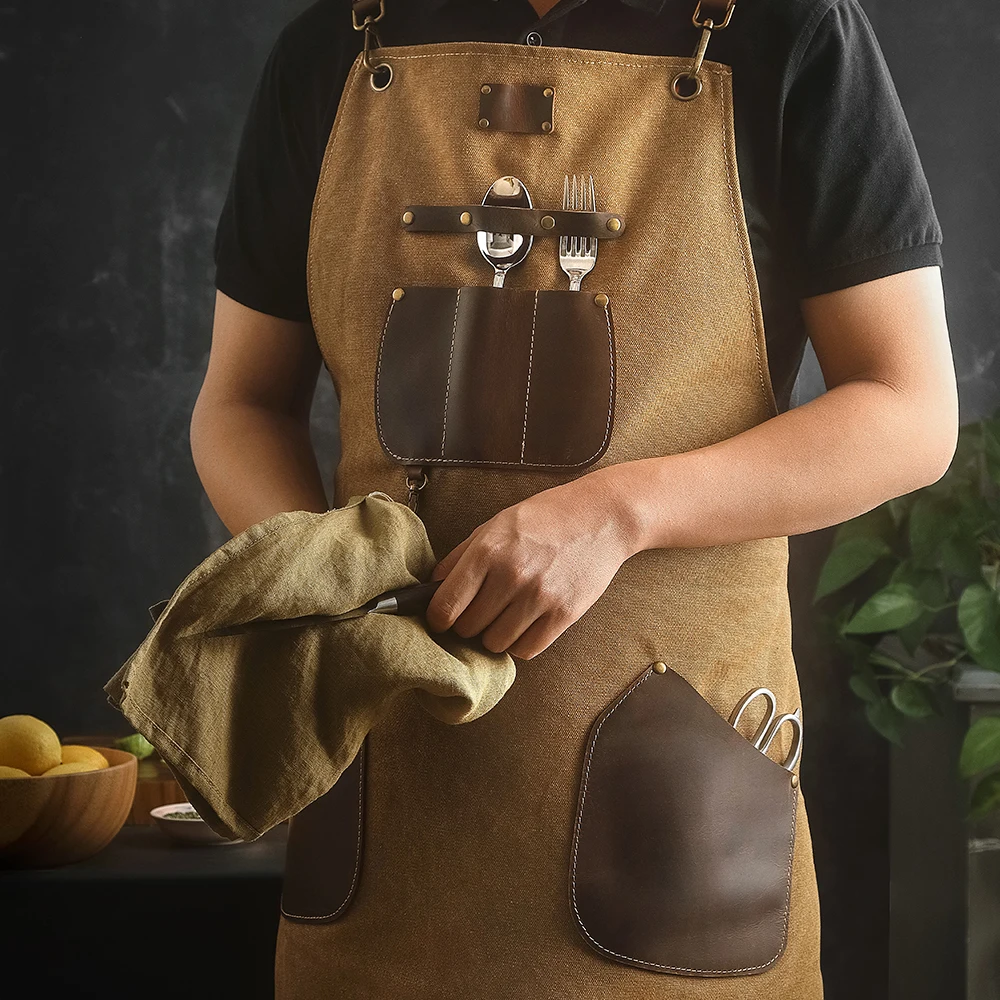 XINZUO Professional Chef Kitchen Apron Washable Canvas First Layer Cowhide Leather for Restaurant Kitchen Studios Uniform