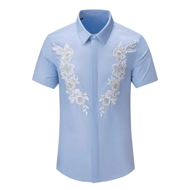 

British Style Lace Embroidered Short Sleeved Men's Shirt Elegant Business Casual Formal Shirt Celebrity Banquet Costume M-4XL