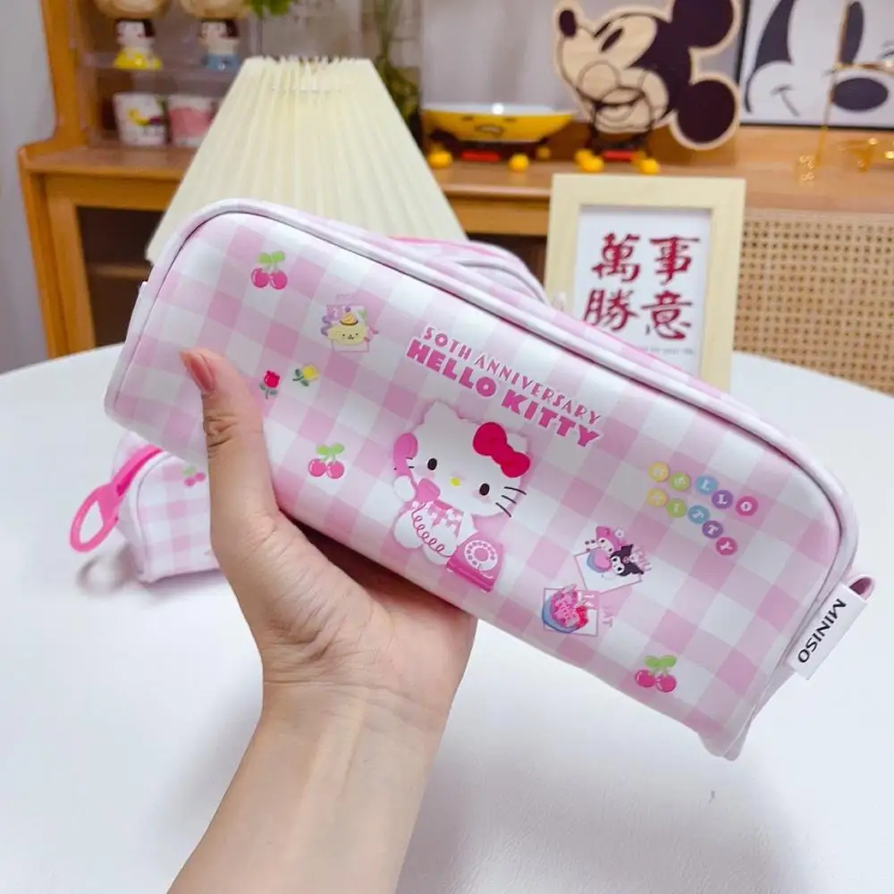 Sanrio kotak pensil Kawaii Hello Kitty Kuromi, tas pensil satu lapis Pu tas penyimpanan perlengkapan alat tulis hadiah anak-anak