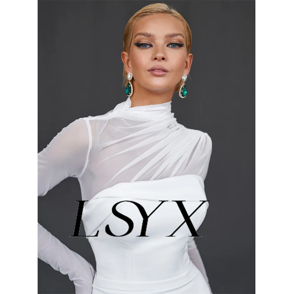 LSYX High Neck Long Sleeves Pleats Crepe Mermaid Wedding Dress For Women Illusion Zipper Back Court Train Bridal Gown