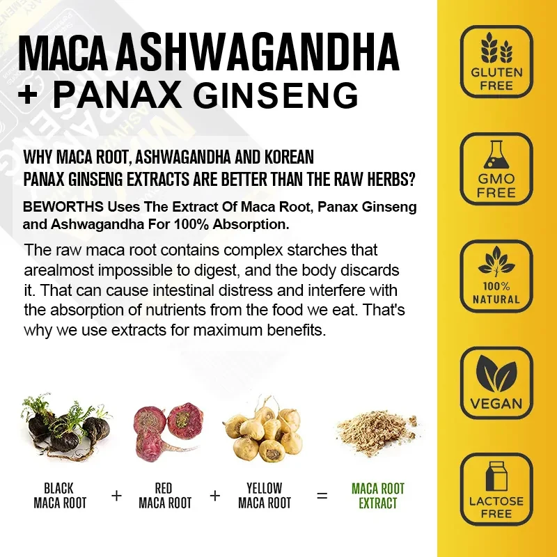 Maca Root Capsules with Ginseng and Ashwagandha -High Potency Energy Support, Vitality, Focus, Calm, Immune Health for Men Women