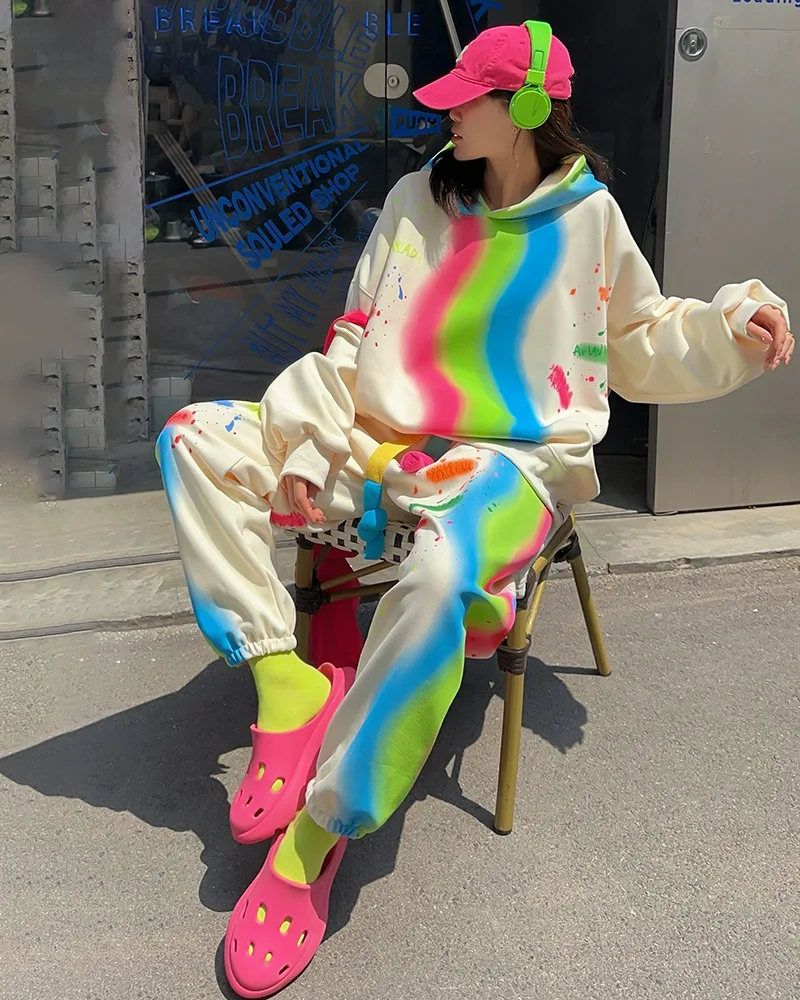 Graffiti Tie Dye Gradient Hoodie Oversize Pants Sets Women Y2k Clothes Casual Sweatershirt Matching Sets Vestidos Outwear 2024