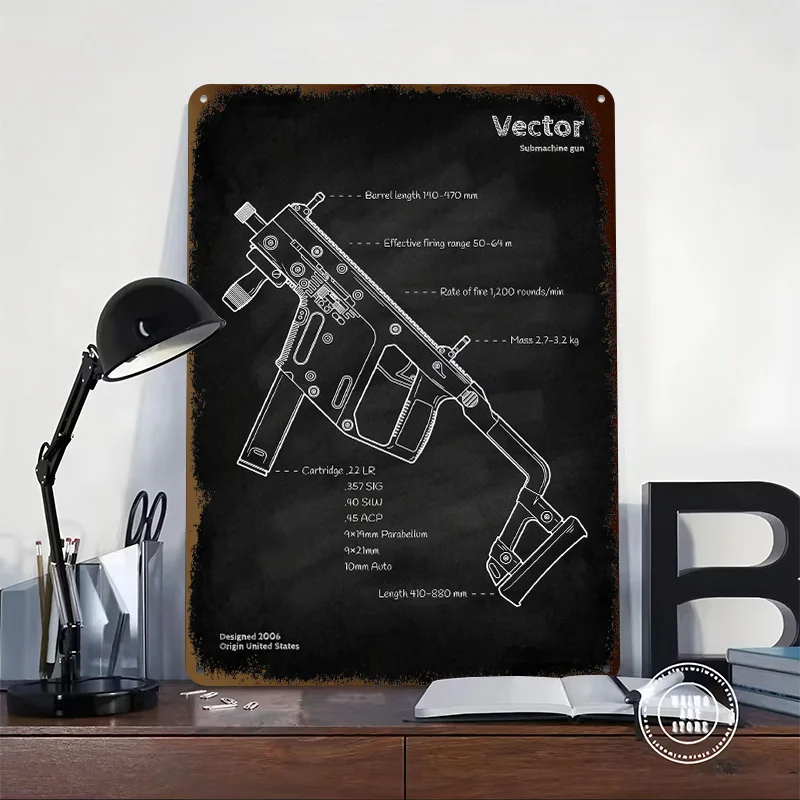 Vector Submachine Gun Blueprint Metal Poster Customized Wall Art Retro Vintage Metal Signs for Man Cave Bathroom Decor Room Home
