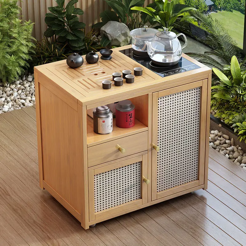 

Mobile table balcony solid wood small cart household coffee table kung fu tea set