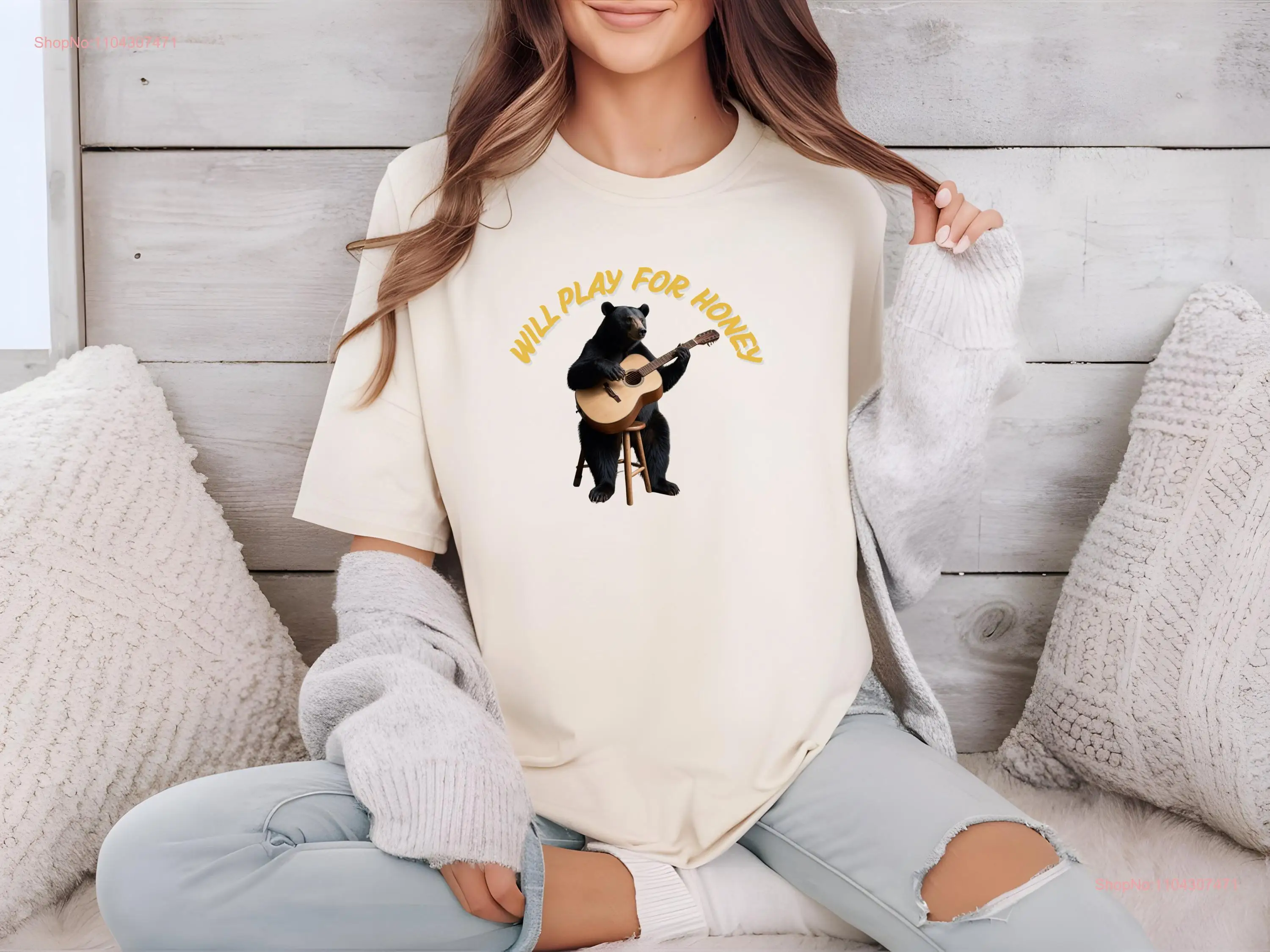 Acoustic Guitar Bear T Shirt Musician Funny for Animal Lovers Will Play Honey Top Cute Music long or short sleeves