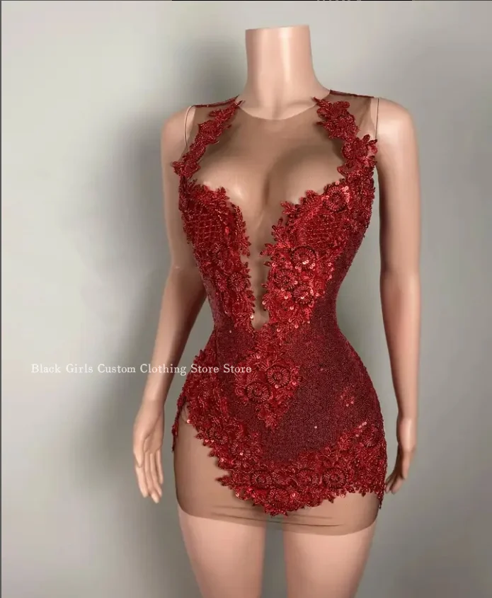 Delicate red short cocktail dress 2024 sexy see-through mesh floral applique vestidos elegantes para mujer fiesta de gala