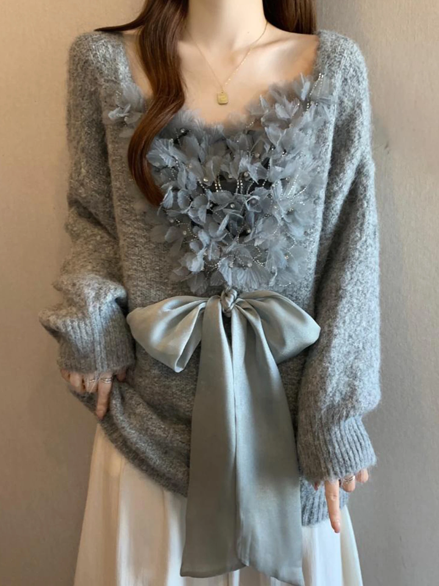 

Heavyweight 3D Flower Knitted Sweater Women's Autumn Winter plus Size Lazy High-End Feelings Mid-Length Sweater