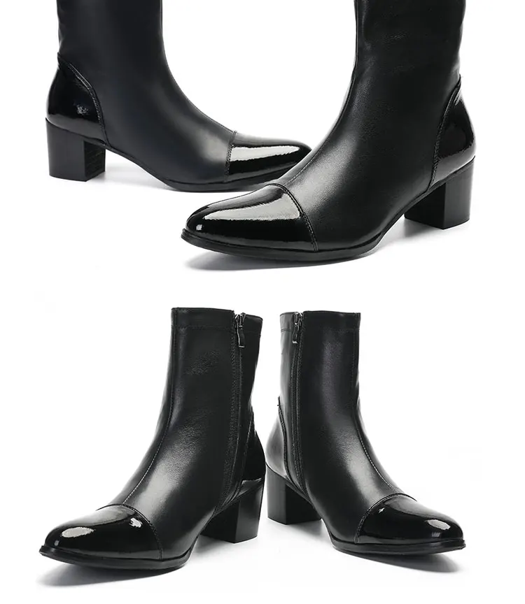 Frühling andAutumn Männer hochhackigen Quadratische kopf Bühne Laufsteg Hochzeit Stiefel top schicht rindsleder Starke Ferse Partei Heighten männer der Stiefel – Detail 12