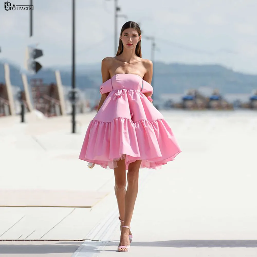 

Pink A-Line Mini Short Prom Dresses Off Shoulder Strapless Graduation Cocktail Party Ball Gowns 2024 New Vestido De Formatura