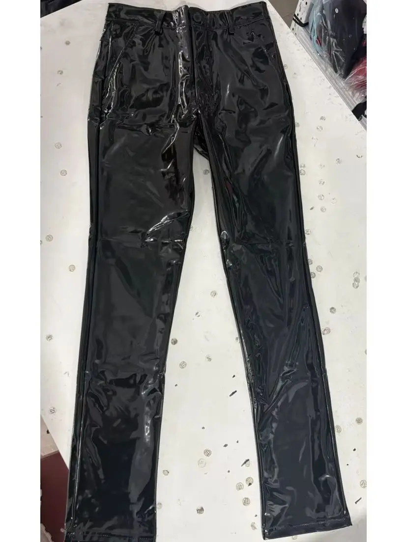 Wet Look PVC Jeans Shiny PU Leather Trousers Tight Button Pocket Pants Gothic Punk Motorcycle Panton Spodnie Bottoms Pantalettes