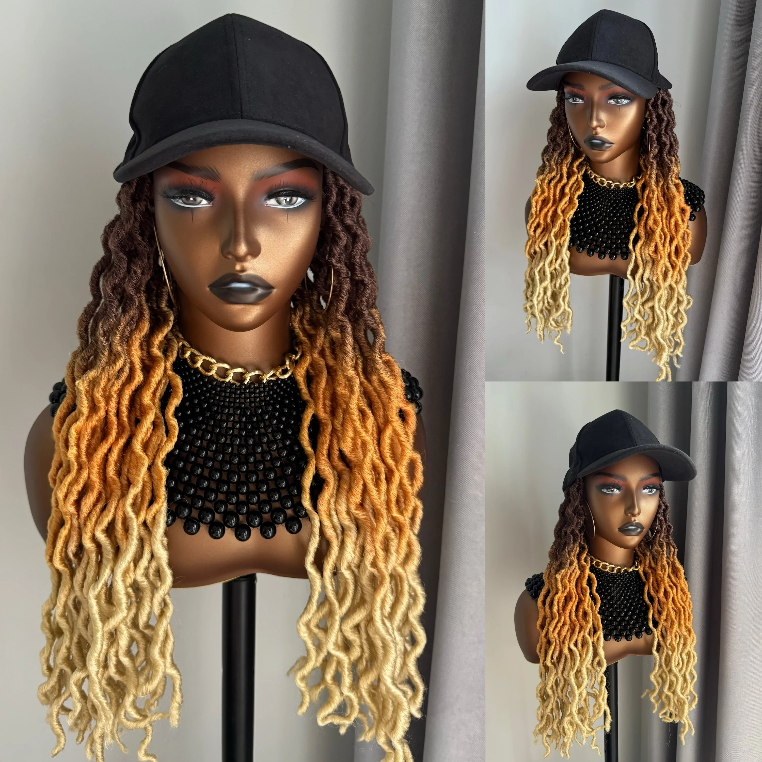 

WIGERA Ombre Brown Orange 613# Goddess Faux Locs Soft Gypsy Braids Hair With Hat Cap Curly Wavy Braiding Extensions For Women