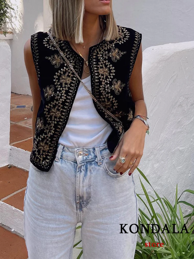 TRAFZA Vintage Autumn Velvet Embroidery Vest Jackets Women V Neck Sleeveless Black Waistcoats Female Fashion 2023 Mujer Tops