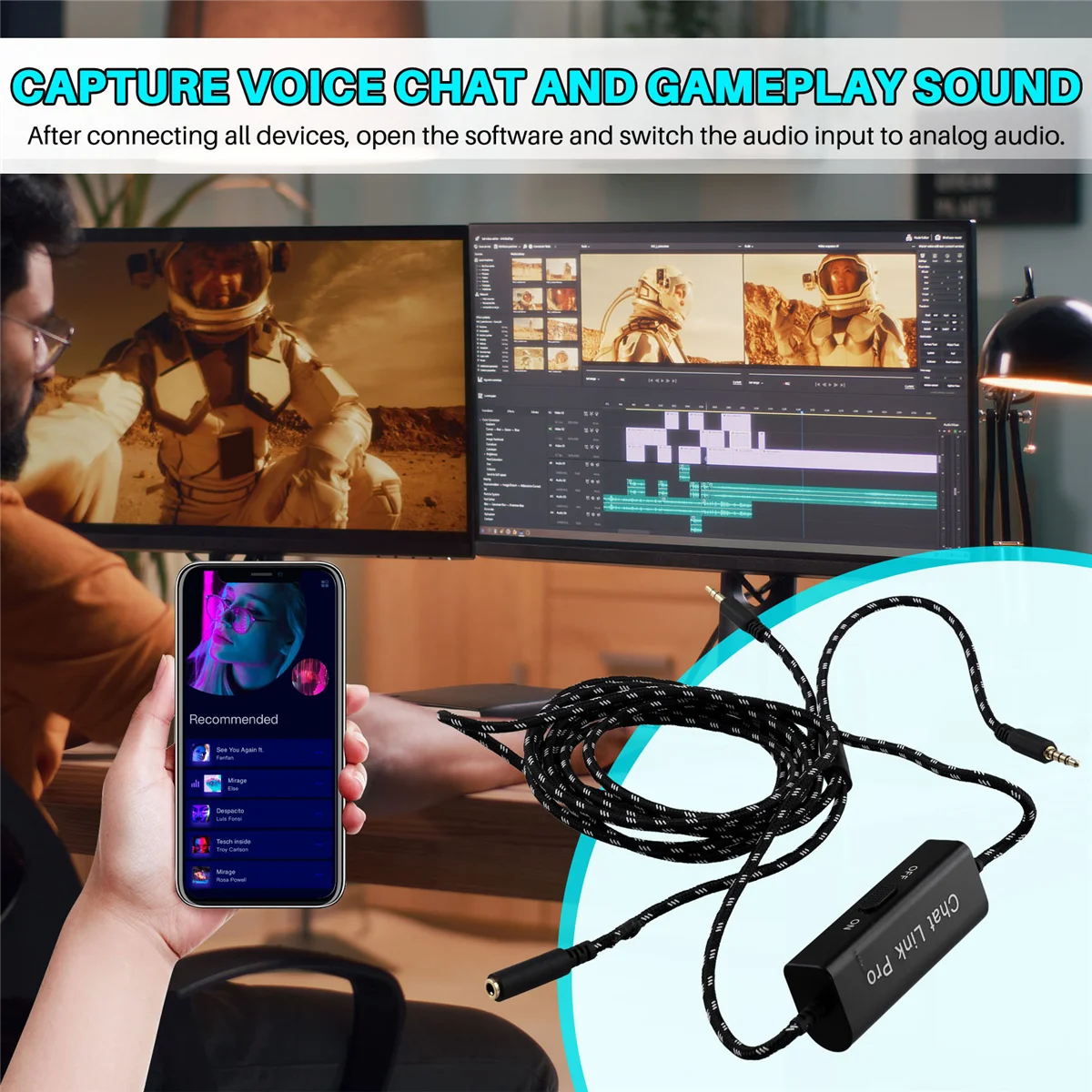 Noise Reduction Line Chat Link Pro Cable for HD60 X, HD60S Capture Card Chat Adapter Replacement for