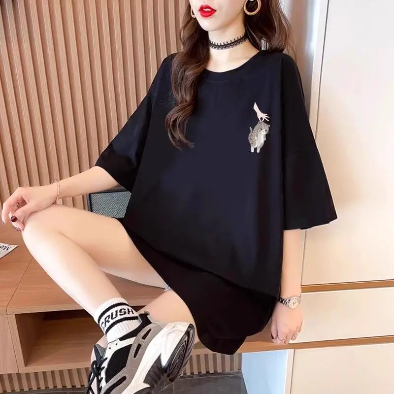 Plus Size 6XL 150KG Summer Cat T Shirt Women Tees Womens Clothing Short Sleeve Korean Fashion Oversized Cartoon Tops T-Shirts