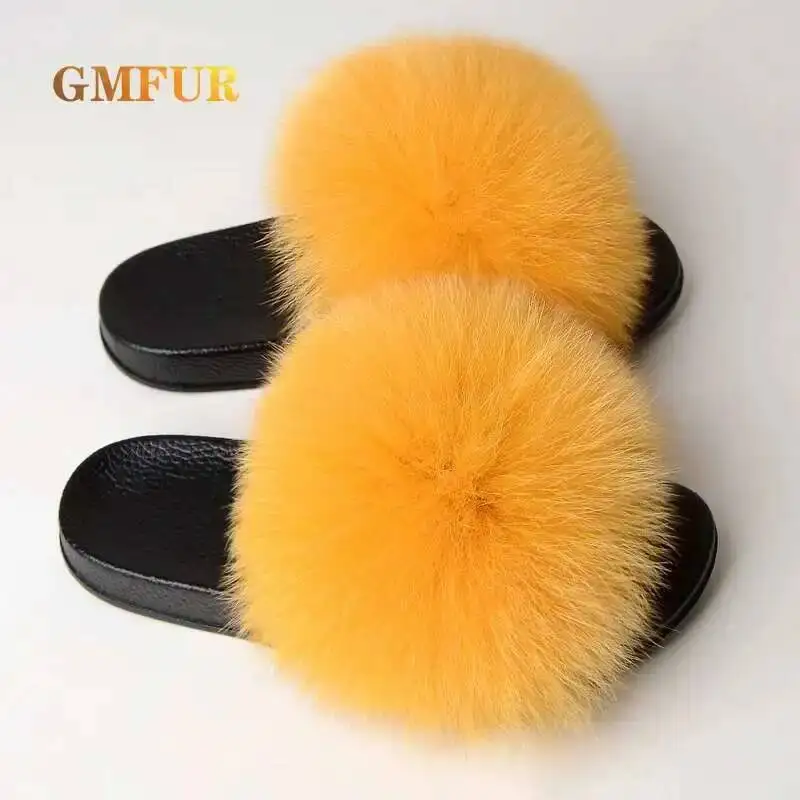 

Тапочки из 100% натурального лисьего меха, летние женские домашние плюшевые тапочки, роскошные пушистые шлепанцы, уличная пляжная милая обувь