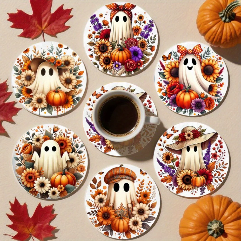 6PCS 2D Retro Ghost Pumpkin Leaf Pattern Wood Cup Mat for Coffee Shop Office Home Decor Seasonal Party Festive Decor Gift 10CM