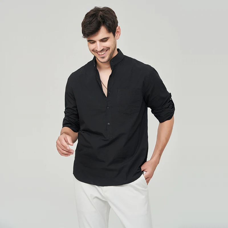 New Men's Shirt Long Sleeve Pure Cotton Henry Shirt Streetwear Loose Solid Casual Shirt Men Clothing Camisas Masculinas A2HM7