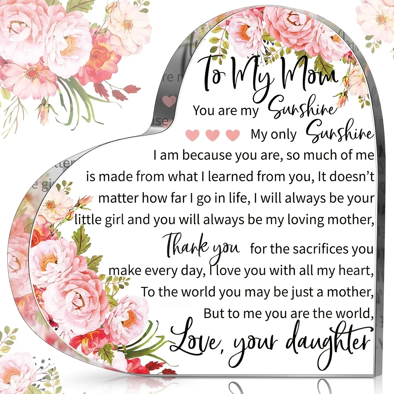 To My Mom Heart‑Shaped Acrylic Plaque, Pink Peony Floral Sentimental Gift from Daughter