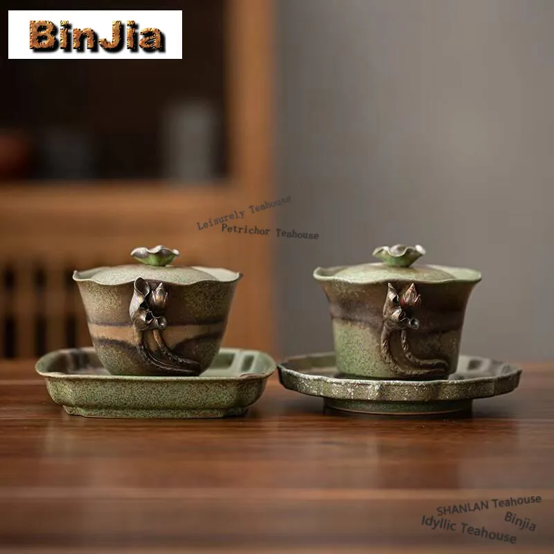 

180ml Antique Kiln Change Cyan Gaiwanhandmade Kneading Flower Tea Tureen Tea Maker Cover Bowl Saucer Kit Tea Ceremony Ornaments