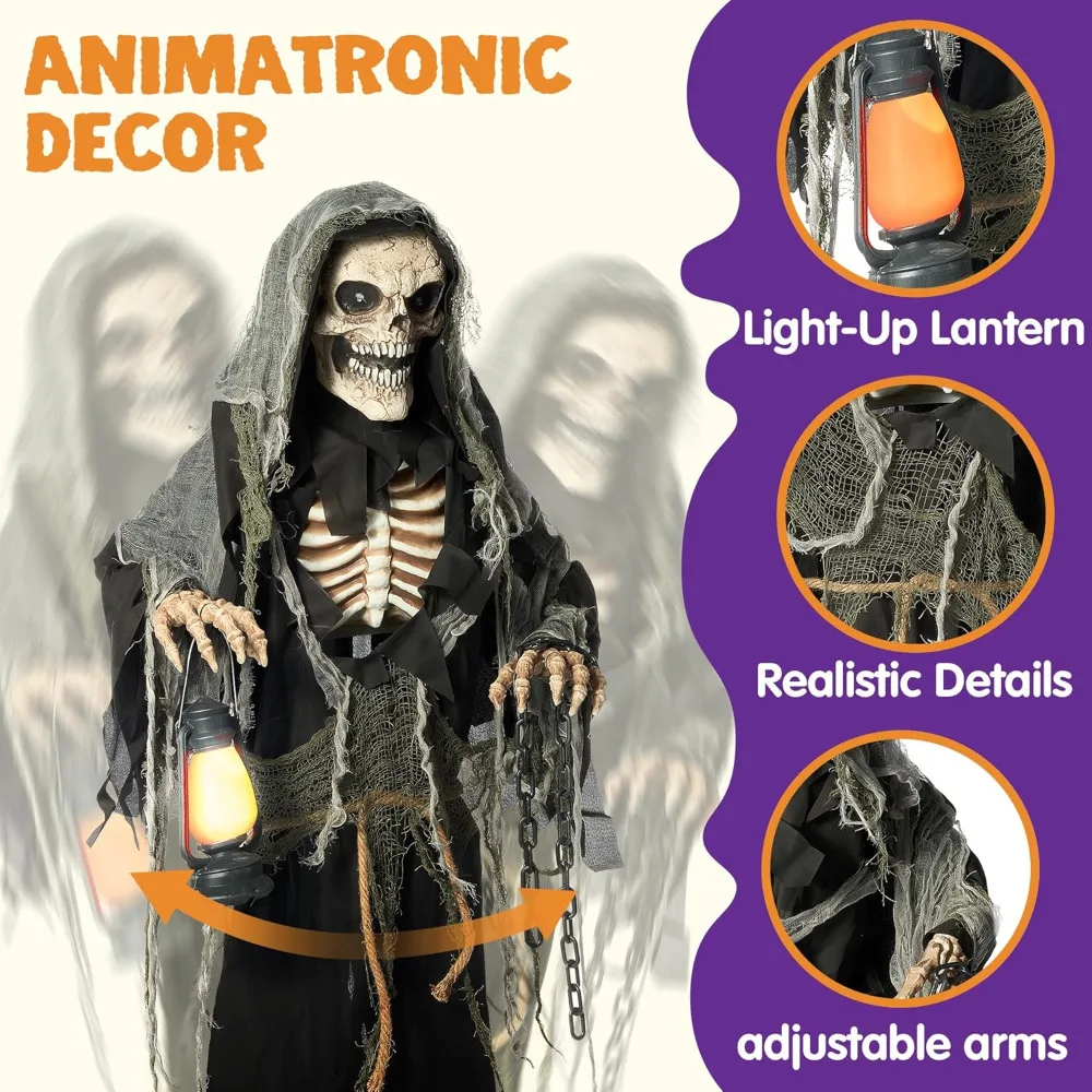 Halloween Prop Animatronics Standing Grim Reaper Animated Decoration with Spooky and Light-Up Eyes Creepy Sound/Moving Arms&Head