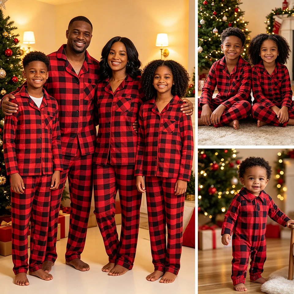 Premium Soft Mother Kids Matching Family Christmas Pajamas Xmas Boys Girls Plaid Collar Sleepwear Newborn Onesie Casual Pajama