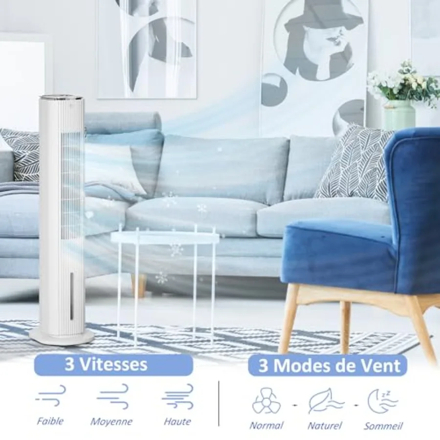 42 3w1 Chłodnica Powietrza z Funkcją Parowania, Nawilżaczem z Chłodzeniem Lodowym i Zbiornikiem na Wodę do Domu, Biura i Użytku Wewnętrznego, 60° Oscylacja, Przenośna