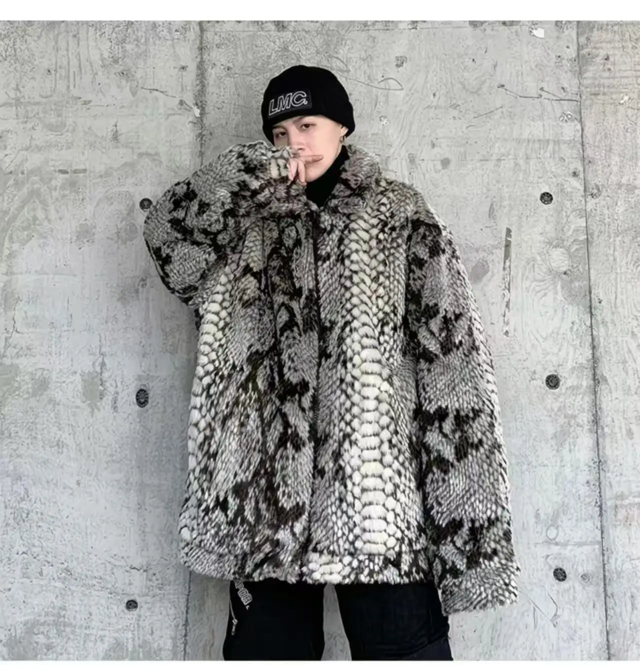 Trendy Cool Python Pattern Tops Men's Artificial Fur Thicken Coat Stylish Street Y2K Fashion Overcoat Loose Fit Male Overwear