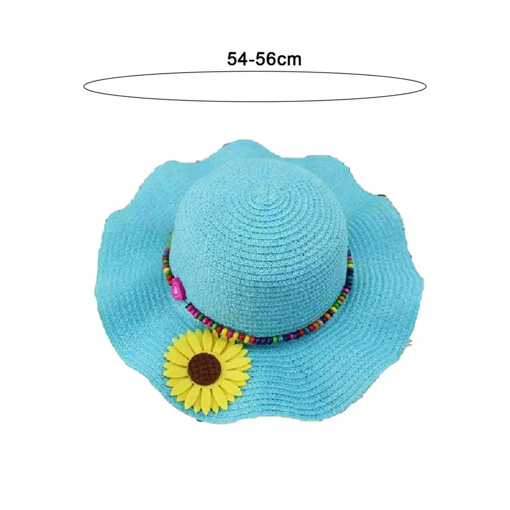 

Summer Straw Sun Hat Sun-Blocking Breathable Beach Hat Wavy Brim Yellow Flowers Beads Weave Straw Hat Large Brim With Flower