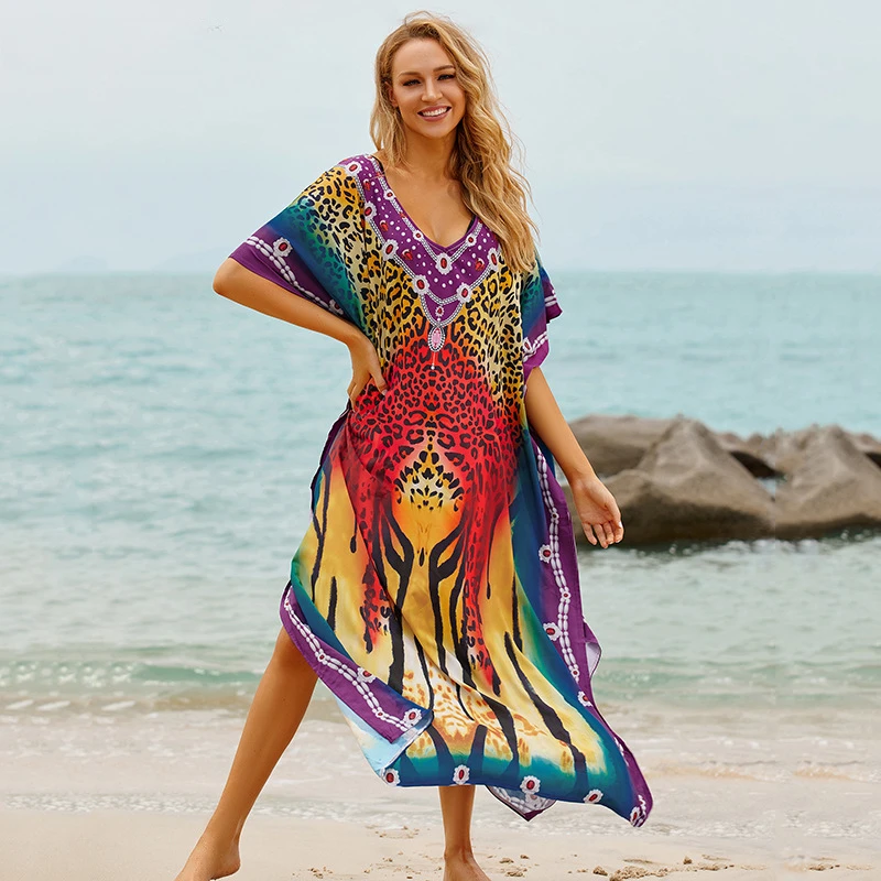 Swimsuit Cover Up Bohemian Red Leopard Printed Summer Long Beach Dresses Women Bikini Kaftan Loose Vestido Playero