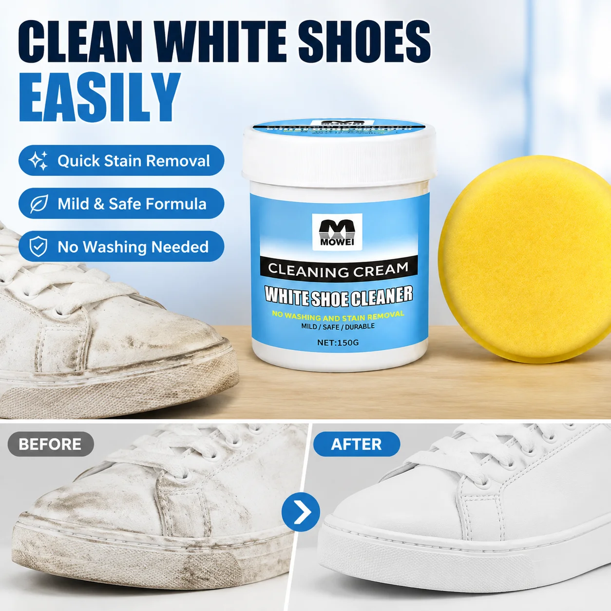 150g White Shoe Cleaning Cream with Sponge Quick Wipe Stain Cleaner for Sneakers Canvas Leather Trainers Sports Shoes No Washing