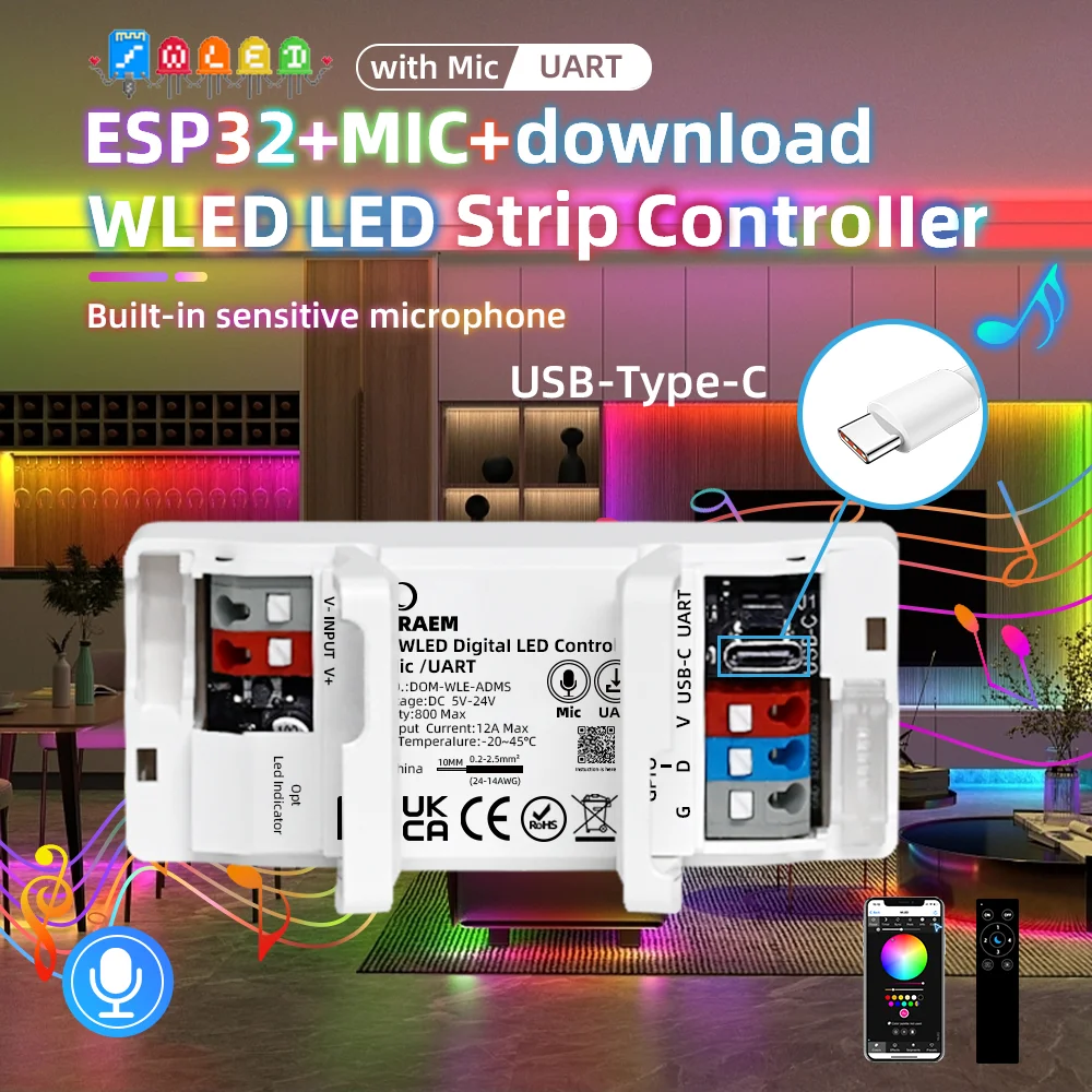 في الهواء الطلق مقاوم للماء ESP32 WLED الرقمية LED وحدة تحكم في الميكروفون IP65 15A فيوز RCP WS2811/2/3/5 PWM 5IN1 Alexa/HA/MQTT App عن بعد RGB IC